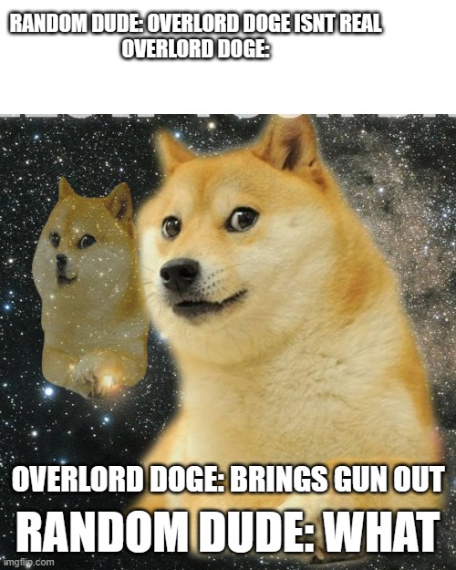 overlord doge meme | RANDOM DUDE: OVERLORD DOGE ISNT REAL
OVERLORD DOGE:; OVERLORD DOGE: BRINGS GUN OUT; RANDOM DUDE: WHAT | image tagged in doge | made w/ Imgflip meme maker