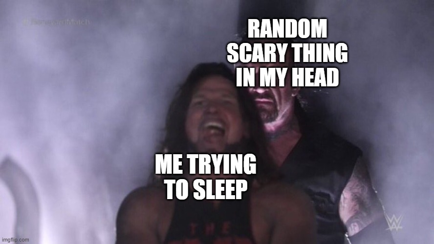 why i wake up late: | RANDOM SCARY THING IN MY HEAD; ME TRYING TO SLEEP | image tagged in aj styles undertaker | made w/ Imgflip meme maker