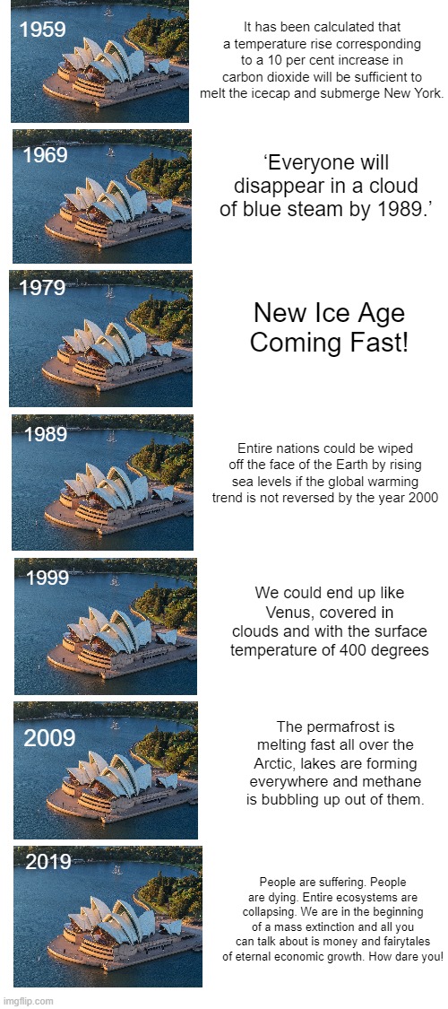 The real cLiMaTe CrIsIs™ is the social climate | It has been calculated that a temperature rise corresponding to a 10 per cent increase in carbon dioxide will be sufficient to melt the icecap and submerge New York. 1959; ‘Everyone will disappear in a cloud of blue steam by 1989.’; 1969; 1979; New Ice Age Coming Fast! 1989; Entire nations could be wiped off the face of the Earth by rising sea levels if the global warming trend is not reversed by the year 2000; 1999; We could end up like Venus, covered in clouds and with the surface temperature of 400 degrees; The permafrost is melting fast all over the
Arctic, lakes are forming everywhere and methane is bubbling up out of them. 2009; 2019; People are suffering. People are dying. Entire ecosystems are collapsing. We are in the beginning of a mass extinction and all you can talk about is money and fairytales of eternal economic growth. How dare you! | made w/ Imgflip meme maker