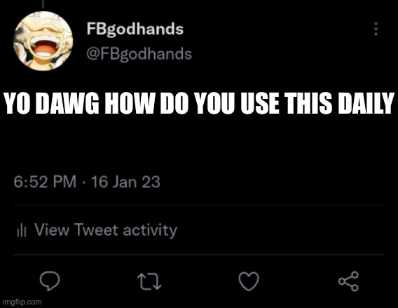 YO DAWG HOW DO YOU USE THIS DAILY | image tagged in fbgodhands twitter temp blank | made w/ Imgflip meme maker