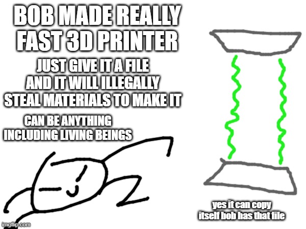 if you ask bob will make it for you | BOB MADE REALLY FAST 3D PRINTER; JUST GIVE IT A FILE AND IT WILL ILLEGALLY STEAL MATERIALS TO MAKE IT; CAN BE ANYTHING INCLUDING LIVING BEINGS; yes it can copy itself bob has that file | made w/ Imgflip meme maker