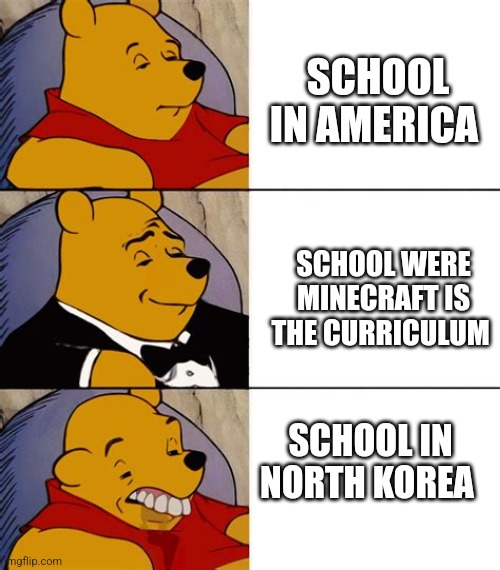 Schools | SCHOOL IN AMERICA; SCHOOL WERE MINECRAFT IS THE CURRICULUM; SCHOOL IN NORTH KOREA | image tagged in memes | made w/ Imgflip meme maker
