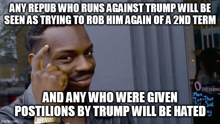 Roll Safe Think About It | ANY REPUB WHO RUNS AGAINST TRUMP WILL BE SEEN AS TRYING TO ROB HIM AGAIN OF A 2ND TERM; AND ANY WHO WERE GIVEN POSTILIONS BY TRUMP WILL BE HATED | image tagged in memes,roll safe think about it | made w/ Imgflip meme maker