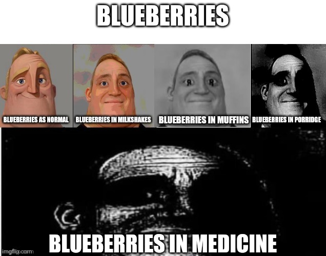 Blueberries | BLUEBERRIES; BLUEBERRIES IN PORRIDGE; BLUEBERRIES AS NORMAL; BLUEBERRIES IN MILKSHAKES; BLUEBERRIES IN MUFFINS; BLUEBERRIES IN MEDICINE | image tagged in traumatized mr incredible 5 parts | made w/ Imgflip meme maker