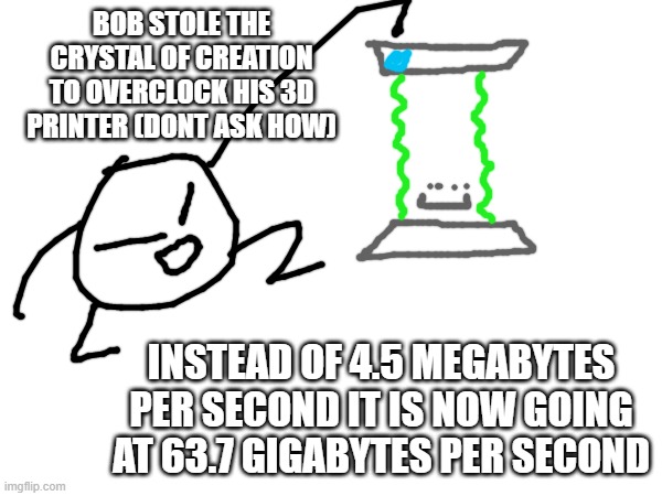 ok you can have the 1 terabyte bomb now its ready whoever asked | BOB STOLE THE CRYSTAL OF CREATION TO OVERCLOCK HIS 3D PRINTER (DONT ASK HOW); INSTEAD OF 4.5 MEGABYTES PER SECOND IT IS NOW GOING AT 63.7 GIGABYTES PER SECOND | made w/ Imgflip meme maker
