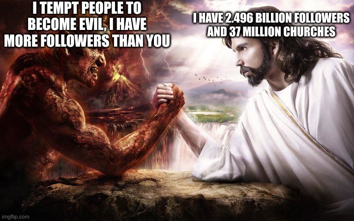 The Pathetic Satan. | I TEMPT PEOPLE TO
BECOME EVIL, I HAVE
MORE FOLLOWERS THAN YOU; I HAVE 2.496 BILLION FOLLOWERS
AND 37 MILLION CHURCHES | image tagged in jesus and satan arm wrestling,jesus,satanists,god,truth | made w/ Imgflip meme maker