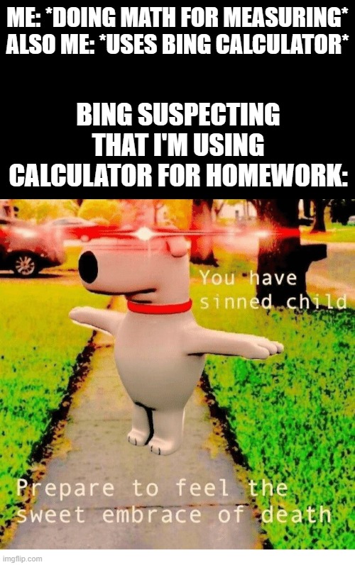 This is why we use Google people -_- | ME: *DOING MATH FOR MEASURING*; ALSO ME: *USES BING CALCULATOR*; BING SUSPECTING THAT I'M USING CALCULATOR FOR HOMEWORK: | image tagged in black rectangle,you have sinned child prepare to feel the sweet embrace of death | made w/ Imgflip meme maker