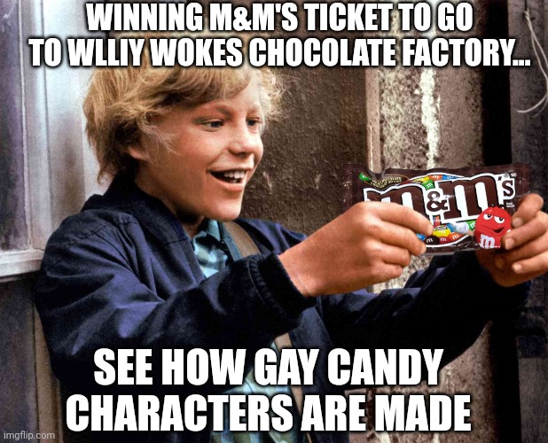 SEE HOW GAY CANDY CHARACTERS ARE MADE WINNING M&M'S TICKET TO GO TO WLLIY WOKES CHOCOLATE FACTORY... | made w/ Imgflip meme maker