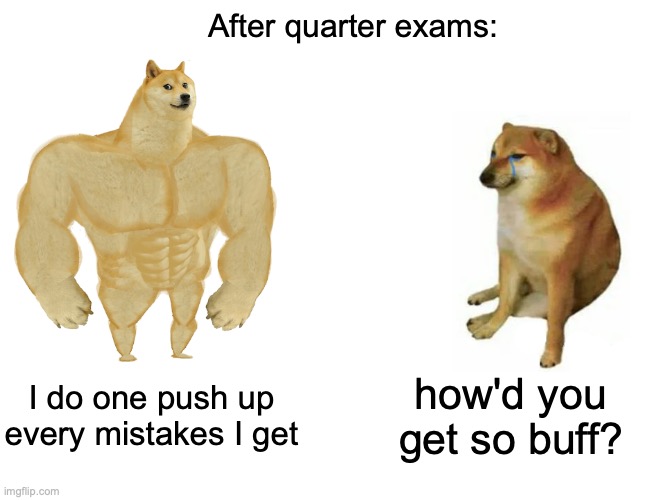 Buff Doge vs. Cheems | After quarter exams:; I do one push up every mistakes I get; how'd you get so buff? | image tagged in memes,buff doge vs cheems | made w/ Imgflip meme maker