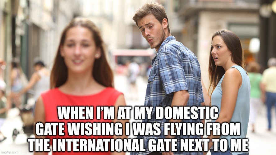 Travel Envy |  WHEN I’M AT MY DOMESTIC GATE WISHING I WAS FLYING FROM THE INTERNATIONAL GATE NEXT TO ME | image tagged in cheating,distracted boyfriend,travel,airport,airplane,tourism | made w/ Imgflip meme maker