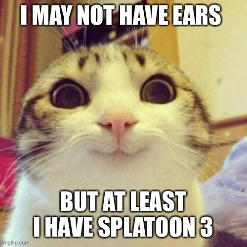 Smiling Cat | I MAY NOT HAVE EARS; BUT AT LEAST I HAVE SPLATOON 3 | image tagged in memes,smiling cat | made w/ Imgflip meme maker