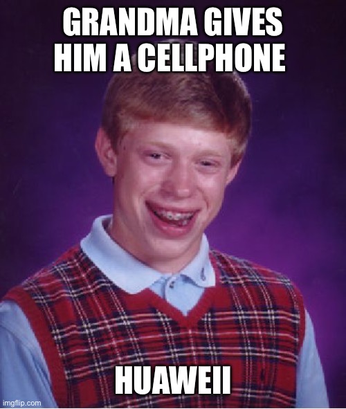 Bad Luck Brian Meme | GRANDMA GIVES HIM A CELLPHONE HUAWEII | image tagged in memes,bad luck brian | made w/ Imgflip meme maker
