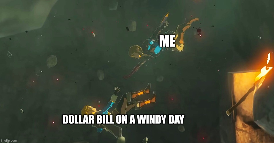 Hurry before it's too late | ME; DOLLAR BILL ON A WINDY DAY | image tagged in legend of zelda,tears of the kingdom | made w/ Imgflip meme maker