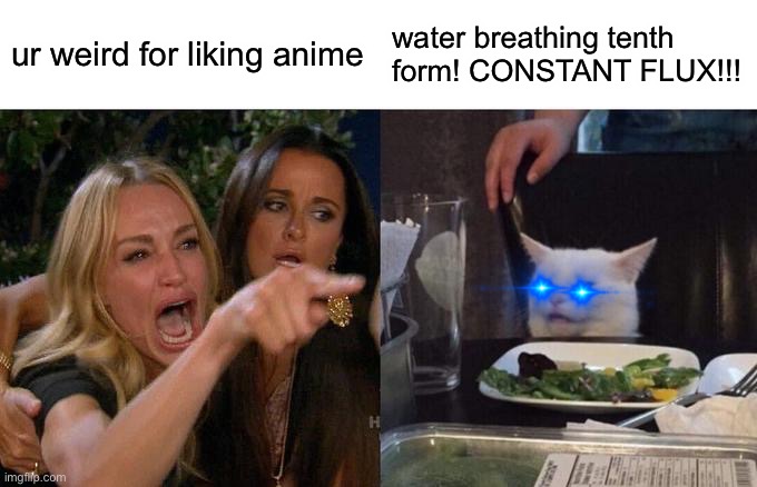 they messed with the wrong weeb | ur weird for liking anime; water breathing tenth form! CONSTANT FLUX!!! | image tagged in memes,woman yelling at cat | made w/ Imgflip meme maker