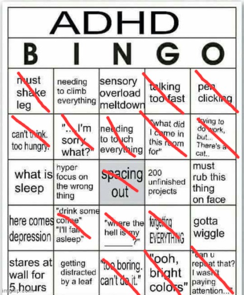 I has ADHD it seems (have not seen docs bout it so I may be wrong) | image tagged in adhd bingo | made w/ Imgflip meme maker