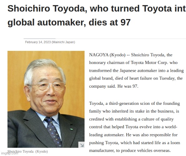 rest in peace (1925-2023) | image tagged in toyota,ceo | made w/ Imgflip meme maker