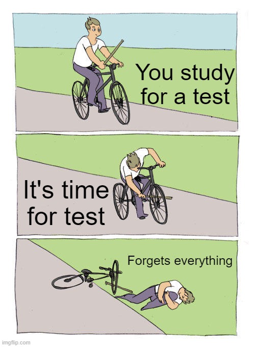 Test in school | You study for a test; It's time for test; Forgets everything | image tagged in memes,bike fall | made w/ Imgflip meme maker