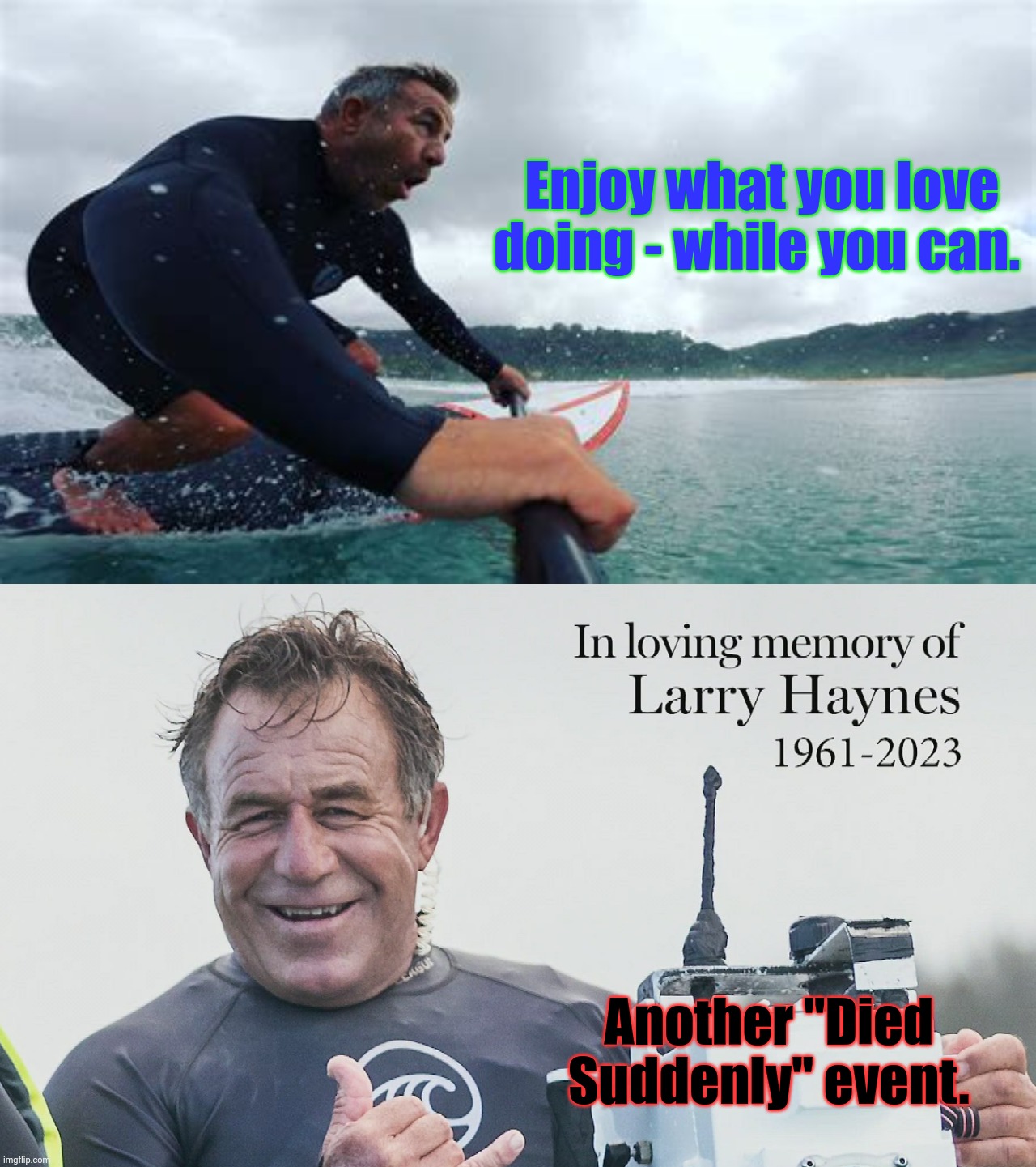 Enjoy what you love doing - while you can. Another "Died Suddenly" event. | made w/ Imgflip meme maker