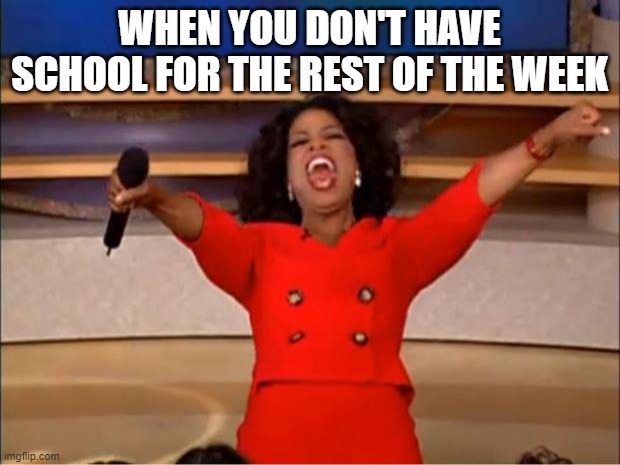 Having No School Be Like... | WHEN YOU DON'T HAVE SCHOOL FOR THE REST OF THE WEEK | image tagged in memes,oprah you get a,school,day off,funny,relatable | made w/ Imgflip meme maker