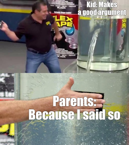 Flex Tape | Kid: Makes a good argument; Parents: Because I said so | image tagged in flex tape | made w/ Imgflip meme maker