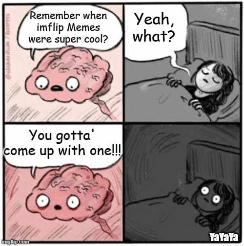 Jus' Got Back . . . | Yeah, what? Remember when imflip Memes were super cool? You gotta' come up with one!!! YaYaYa | image tagged in brain before sleep | made w/ Imgflip meme maker