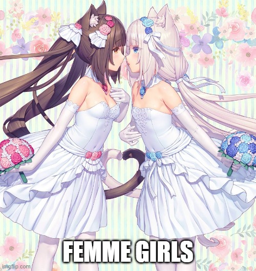 been wanting to post this one for a bit, no particular reason | FEMME GIRLS | image tagged in nekopara white wedding dress sayori_nw,yuri,lesbians | made w/ Imgflip meme maker