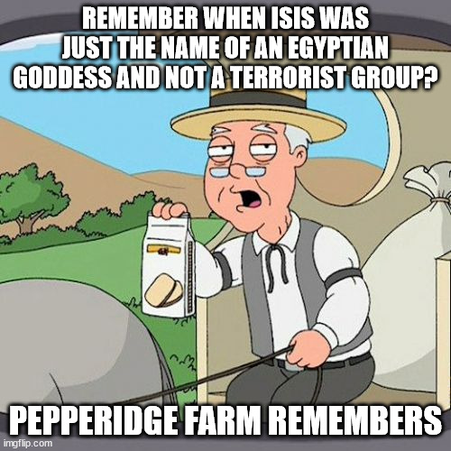 Pepperidge Farm Remembers | REMEMBER WHEN ISIS WAS JUST THE NAME OF AN EGYPTIAN GODDESS AND NOT A TERRORIST GROUP? PEPPERIDGE FARM REMEMBERS | image tagged in memes,pepperidge farm remembers | made w/ Imgflip meme maker