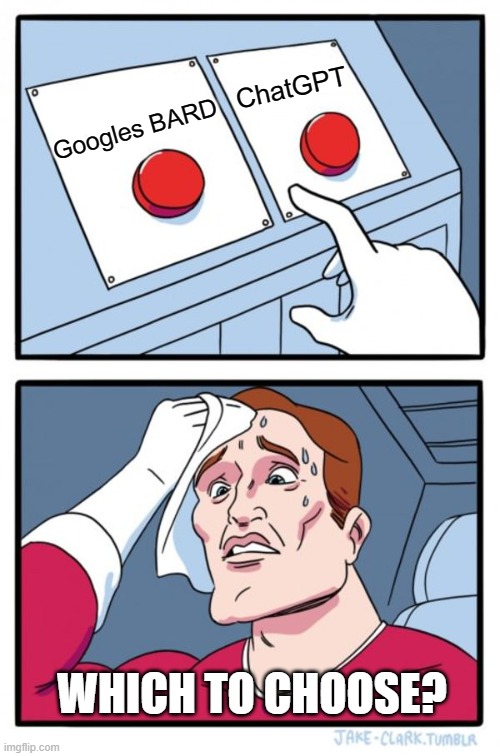 The biggest dilemma | ChatGPT; Googles BARD; WHICH TO CHOOSE? | image tagged in memes,two buttons | made w/ Imgflip meme maker