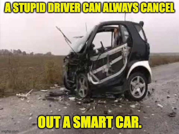 Smart | A STUPID DRIVER CAN ALWAYS CANCEL; OUT A SMART CAR. | image tagged in bad pun | made w/ Imgflip meme maker