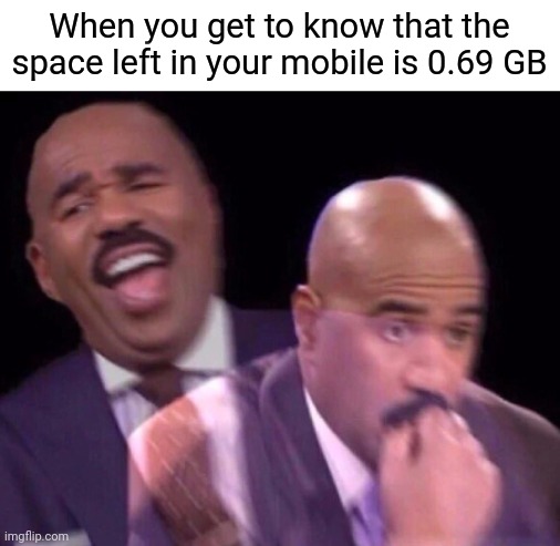 Steve Harvey Laughing Serious | When you get to know that the space left in your mobile is 0.69 GB | image tagged in steve harvey laughing serious | made w/ Imgflip meme maker