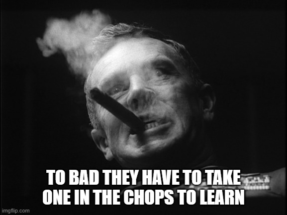 General Ripper (Dr. Strangelove) | TO BAD THEY HAVE TO TAKE ONE IN THE CHOPS TO LEARN | image tagged in general ripper dr strangelove | made w/ Imgflip meme maker