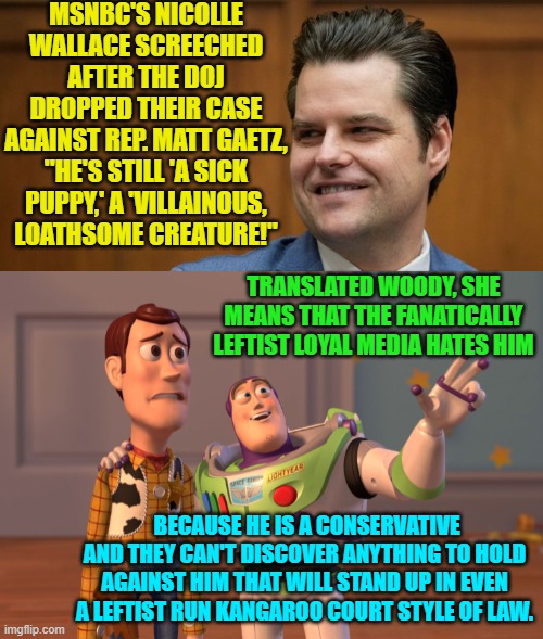 Yep . . . pretty much. | MSNBC'S NICOLLE WALLACE SCREECHED AFTER THE DOJ DROPPED THEIR CASE AGAINST REP. MATT GAETZ, "HE'S STILL 'A SICK PUPPY,' A 'VILLAINOUS, LOATHSOME CREATURE!"; TRANSLATED WOODY, SHE MEANS THAT THE FANATICALLY LEFTIST LOYAL MEDIA HATES HIM; BECAUSE HE IS A CONSERVATIVE AND THEY CAN'T DISCOVER ANYTHING TO HOLD AGAINST HIM THAT WILL STAND UP IN EVEN A LEFTIST RUN KANGAROO COURT STYLE OF LAW. | image tagged in truth | made w/ Imgflip meme maker