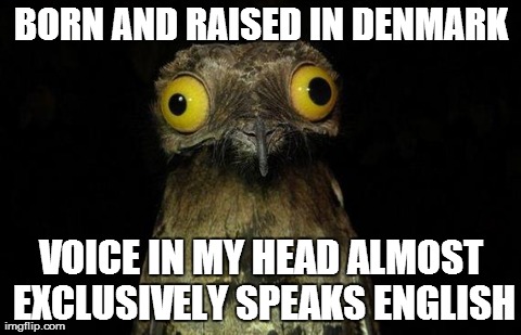 Weird Stuff I Do Potoo Meme | BORN AND RAISED IN DENMARK VOICE IN MY HEAD ALMOST EXCLUSIVELY SPEAKS ENGLISH | image tagged in memes,weird stuff i do potoo,AdviceAnimals | made w/ Imgflip meme maker