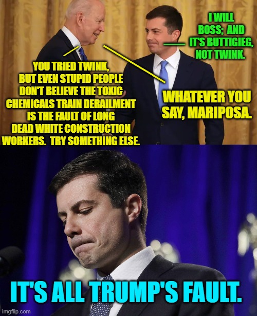 Can any thinking person doubt this? | I WILL BOSS;  AND IT'S BUTTIGIEG, NOT TWINK. __; __; _____; YOU TRIED TWINK, BUT EVEN STUPID PEOPLE DON'T BELIEVE THE TOXIC CHEMICALS TRAIN DERAILMENT IS THE FAULT OF LONG DEAD WHITE CONSTRUCTION WORKERS.  TRY SOMETHING ELSE. WHATEVER YOU SAY, MARIPOSA. IT'S ALL TRUMP'S FAULT. | image tagged in truth | made w/ Imgflip meme maker