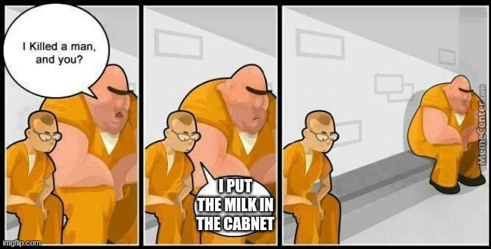 prisoners blank | I PUT THE MILK IN THE CABNET | image tagged in prisoners blank,lol so funny,so true memes,help me | made w/ Imgflip meme maker