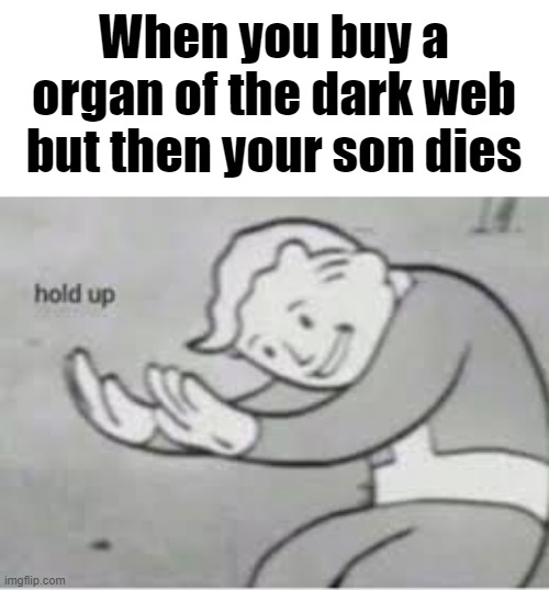 "Is this the organ you wanted?" | When you buy a organ of the dark web but then your son dies | image tagged in hol up | made w/ Imgflip meme maker