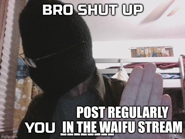 Bro shut up you x | POST REGULARLY IN THE WAIFU STREAM | image tagged in bro shut up you x | made w/ Imgflip meme maker
