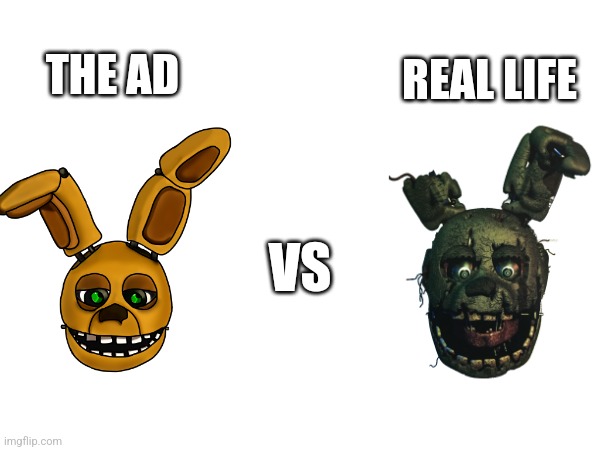 70% True | REAL LIFE; THE AD; VS | image tagged in fnaf | made w/ Imgflip meme maker