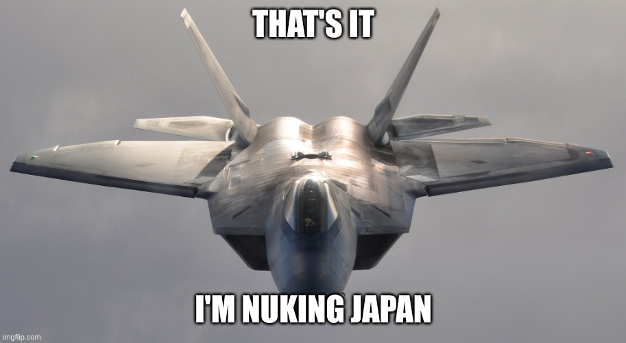 F-22 Raptor | THAT'S IT I'M NUKING JAPAN | image tagged in f-22 raptor | made w/ Imgflip meme maker