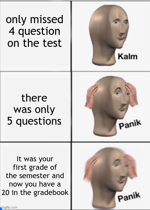bro, i got a 70 one time, and that is BAD for me. i then had a 70 in the gradebook | only missed 4 question on the test; there was only 5 questions; it was your first grade of the semester and now you have a 20 in the gradebook | image tagged in kalm panik panik | made w/ Imgflip meme maker