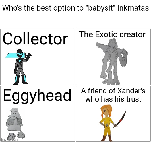 Remaking this because of eggy almost ruining it | Who's the best option to "babysit" Inkmatas; Collector; The Exotic creator; Eggyhead; A friend of Xander's who has his trust | image tagged in memes,blank comic panel 2x2 | made w/ Imgflip meme maker