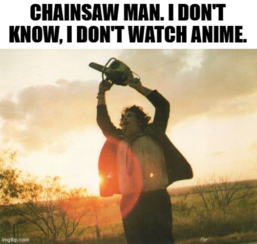 If Leatherface watched anime. | CHAINSAW MAN. I DON'T KNOW, I DON'T WATCH ANIME. | image tagged in leatherface,memes,chainsaw man | made w/ Imgflip meme maker