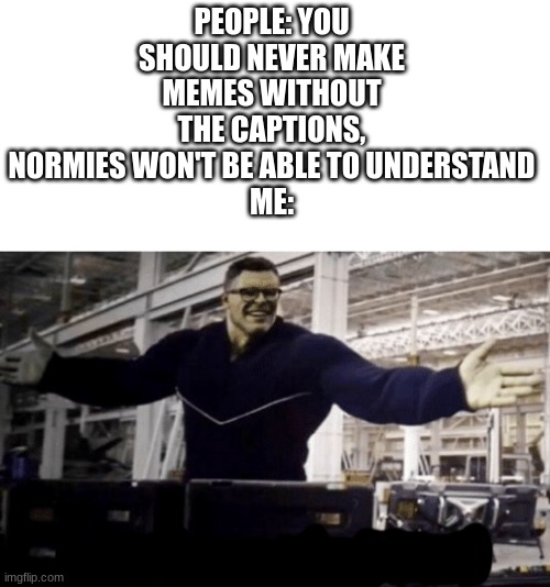 Understand this | PEOPLE: YOU SHOULD NEVER MAKE MEMES WITHOUT THE CAPTIONS, NORMIES WON'T BE ABLE TO UNDERSTAND
ME: | image tagged in i see this as an absolute win | made w/ Imgflip meme maker