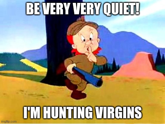 Elmer Fudd | BE VERY VERY QUIET! I'M HUNTING VIRGINS | image tagged in elmer fudd | made w/ Imgflip meme maker