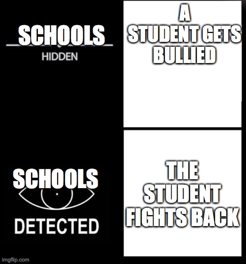 hidden detected | A STUDENT GETS BULLIED; SCHOOLS; THE STUDENT FIGHTS BACK; SCHOOLS | image tagged in hidden detected | made w/ Imgflip meme maker