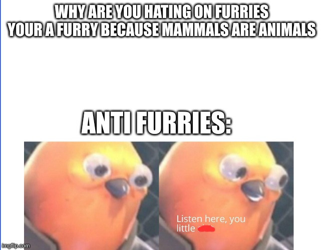 idk but i wanted to post anyway brain power byeeee | WHY ARE YOU HATING ON FURRIES YOUR A FURRY BECAUSE MAMMALS ARE ANIMALS; ANTI FURRIES: | image tagged in lol | made w/ Imgflip meme maker