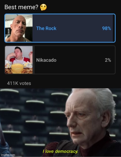 (insert clever title hear) | image tagged in i love democracy,the rock,nikocado avocado,memes | made w/ Imgflip meme maker