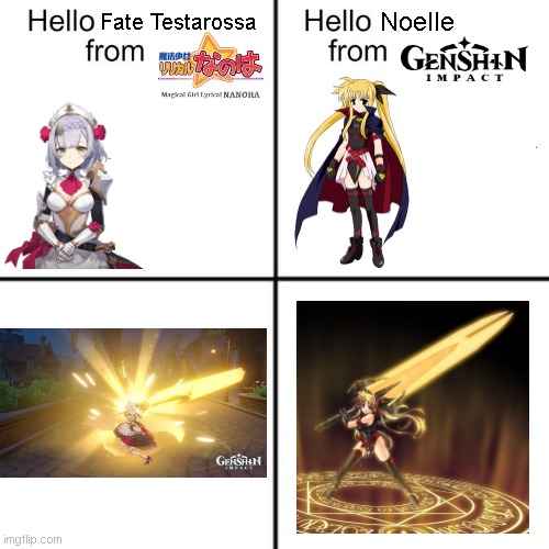 ngl mihoyo really likes nanoha | Fate Testarossa; Noelle | image tagged in hello person from | made w/ Imgflip meme maker