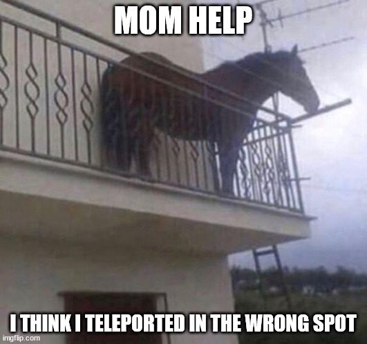 horse | MOM HELP; I THINK I TELEPORTED IN THE WRONG SPOT | image tagged in change my mind | made w/ Imgflip meme maker
