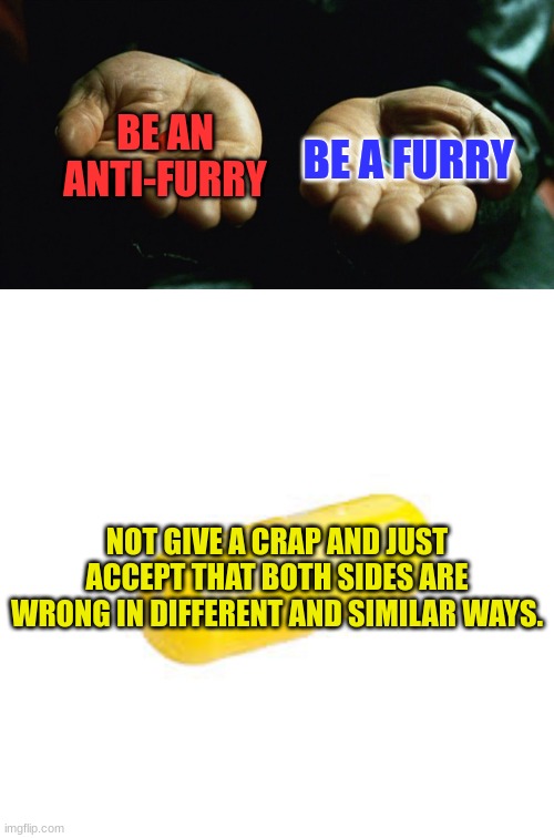 Which pill do you chose? | BE AN ANTI-FURRY; BE A FURRY; NOT GIVE A CRAP AND JUST ACCEPT THAT BOTH SIDES ARE WRONG IN DIFFERENT AND SIMILAR WAYS. | image tagged in red pill blue pill yellow pill | made w/ Imgflip meme maker